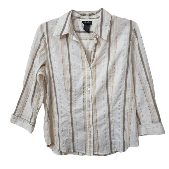 Rafaella Womens‎ Striped Button-Up Blouse Size 12 Beige & White - Picture 1 of 10